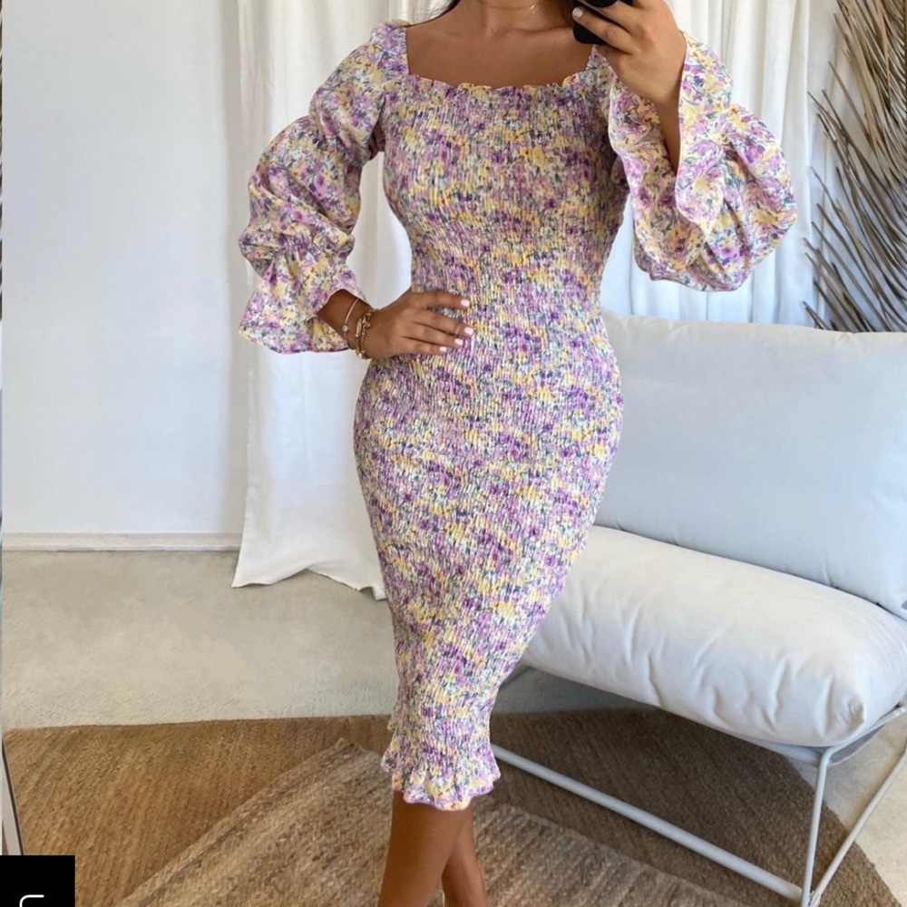 Floral Midi Dress with Puff Sleeves